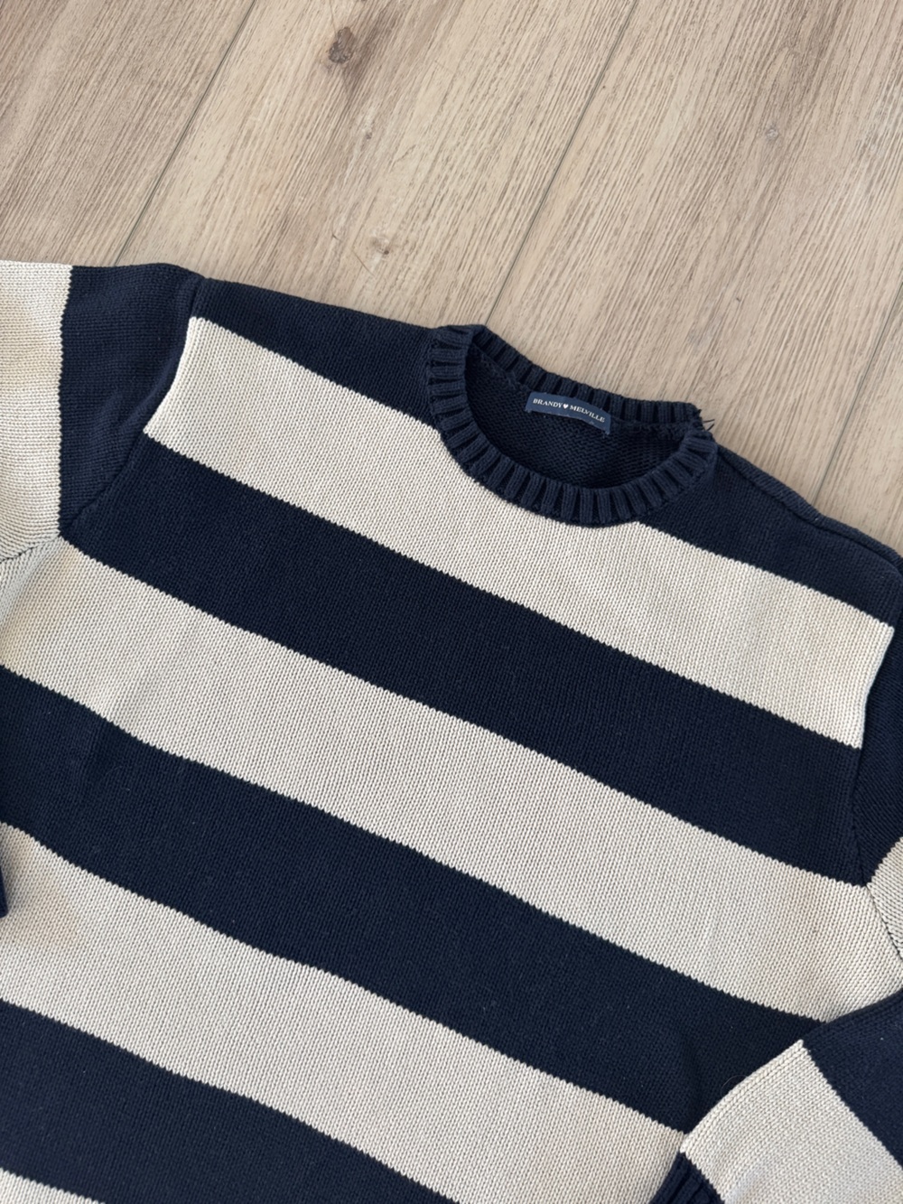 Brandy Melville Navy and Cream Striped Crewneck Sweater